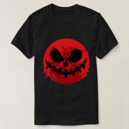 真っ赤な月と不気味な顔 ハロウィンおめでとう Tシャツ (デザイン正面)