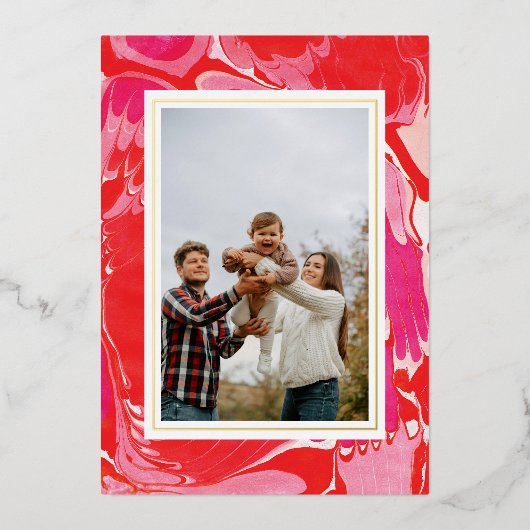 真っ赤な楽しいメリークリスマスマーブルホイルのホリデー写真カード 箔シーズンカード (正面)