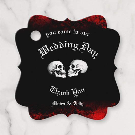 真っ赤な死のダンシングスケルトン ゴシックウェディング フェイバータグ (正面)