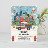 真っ赤な消防車のエンジン 安全第一 誕生日おめでとう１歳 招待状 (スタンド正面)