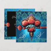 真っ赤な珊瑚色の薔薇,アクアブルーのブラックダマスクのモノグラム 招待状 (正面/裏面)