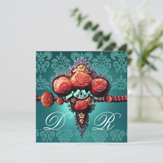 真っ赤な珊瑚色の薔薇,アクアブルーのブラックダマスクのモノグラム 招待状 (スタンド正面)