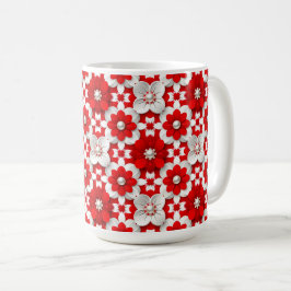 真っ赤な白い花のパールフラワープリント コーヒーマグカップ