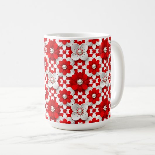 真っ赤な白い花のパールフラワープリント コーヒーマグカップ (正面右)