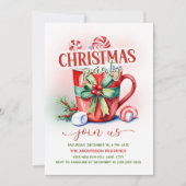 真っ赤な緑のキャンディーケインのホットココアのクリスマスパーティー 招待状 (正面)