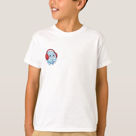 真っ赤な耳当てを付けた青い雪の結晶が震えている子供 Tシャツ (正面)