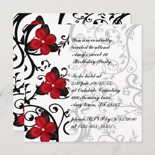 真っ赤な花 ゴシック スウィート16 バースデー インビテーション (正面/裏面)