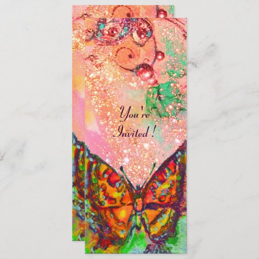 真っ赤な蝶 ピンクのフクシア ゴールド フラワーズ スウィート16 招待状 (正面/裏面)