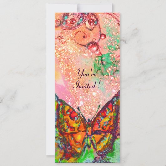 真っ赤な蝶 ピンクのフクシア ゴールド フラワーズ スウィート16 招待状 (正面)