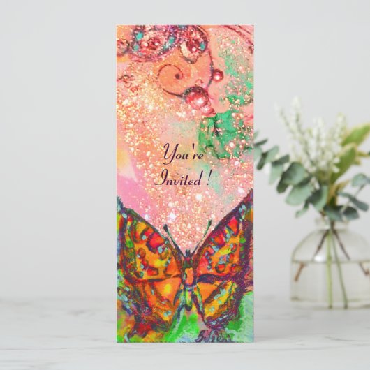 真っ赤な蝶 ピンクのフクシア ゴールド 花のスイート16 招待状 (スタンド正面)