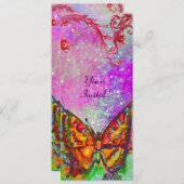 真っ赤な蝶 ピンク パープル ゴールドのお花のスイート16 招待状 (正面/裏面)