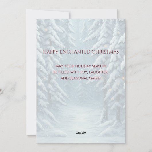 真っ赤な衣装のクリスマスエルフが雪の降る冬の森に立つ シーズンカード (裏面)