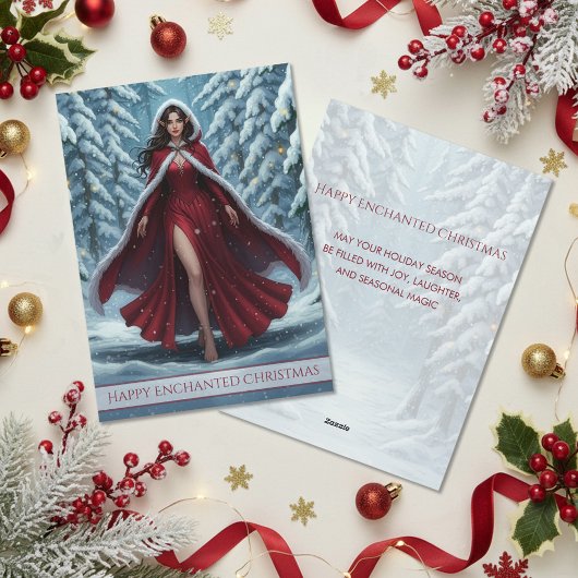 真っ赤な衣装のクリスマスエルフが雪の降る冬の森に立つ シーズンカード