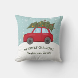 真っ赤な車がクリスマスツリーを運ぶ メリクリ クッション