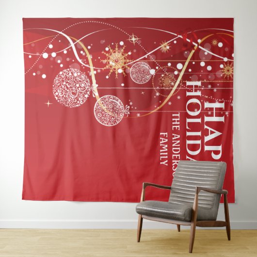 真っ赤な金色のボール スノーフレーク おしゃれなクリスマスメッセージ タペストリー (インサイチュ(横))