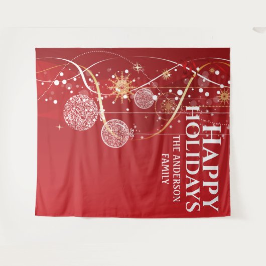 真っ赤な金色のボール スノーフレーク おしゃれなクリスマスメッセージ タペストリー (正面(横))