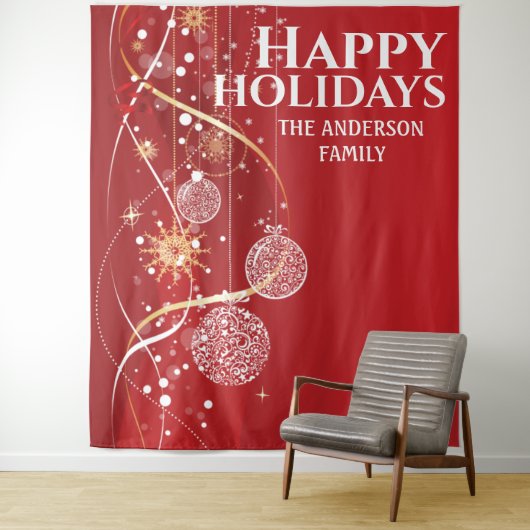 真っ赤な金色のボール スノーフレーク おしゃれなクリスマスメッセージ タペストリー (インサイチュ)