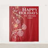 真っ赤な金色のボール スノーフレーク おしゃれなクリスマスメッセージ タペストリー (正面)