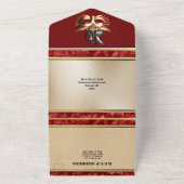 真っ赤な金色の仮面舞踏会のウェディングカーニバルの顔マスク オールインワン招待状 (外側)