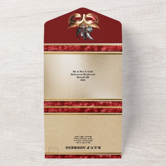 真っ赤な金色の仮面舞踏会のウェディングカーニバルの顔マスク オールインワン招待状 (外側)