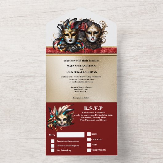 真っ赤な金色の仮面舞踏会のウェディングカーニバルの顔マスク オールインワン招待状 (内側)