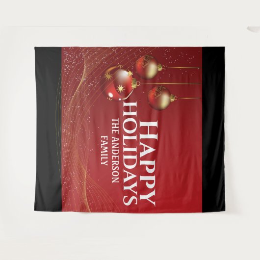 真っ赤な金色の玉に優雅なリボン、クリスマスグリーティング タペストリー (正面(横))