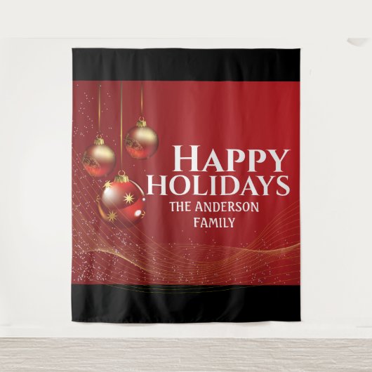 真っ赤な金色の玉に優雅なリボン、クリスマスグリーティング タペストリー (正面)