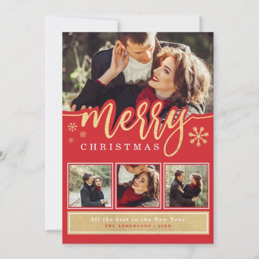 真っ赤な金 銀の雪の結晶 楽しいクリスマス フォト コラージュ シーズンカード (正面)