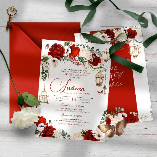 真っ赤な黄金の薔薇の蝶の花のような優雅なキンセアニエラ 招待状