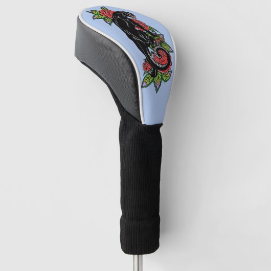 真っ黒なヒョウと咲くバラ ゴルフヘッドカバー (アングル)