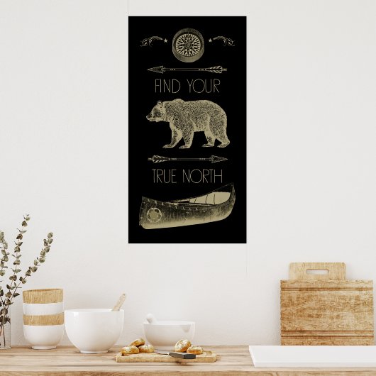 真の北カヌーのクマの矢印コンパスを見つける ポスター (キッチン)