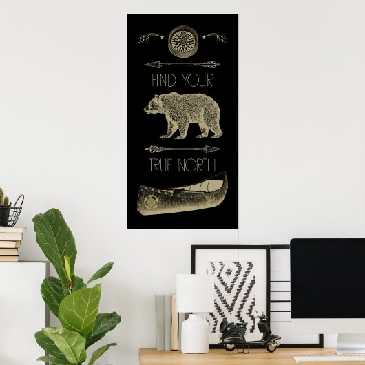 真の北カヌーのクマの矢印コンパスを見つける ポスター (ホームオフィス)