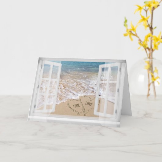 真の愛の文字のビーチ砂ハート カード (黄色い花)