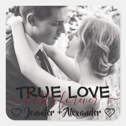 真の愛は永遠にかわいいカップルハート写真 スクエアシール (正面)
