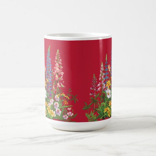 真の赤（青いワイルドフラワーパターン） コーヒーマグカップ (中央)