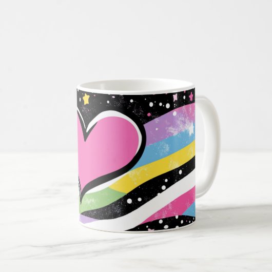 真ん中に太い黒い縁取りのあるピンクのハート コーヒーマグカップ (正面右)