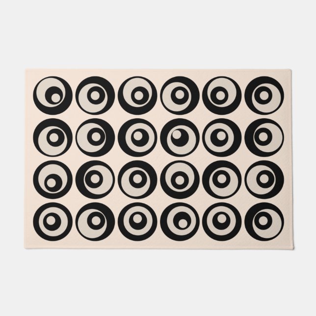 真ん中のモダン丸型黒とクリーム ドアマット (正面)