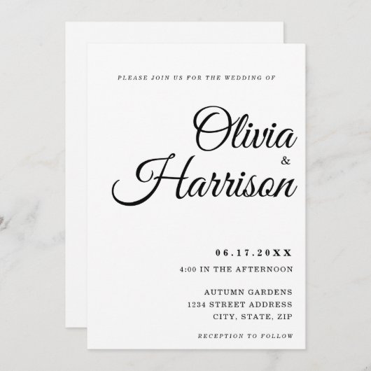 真エレガント白に白と黒に結婚なる 招待状 (正面/裏面)