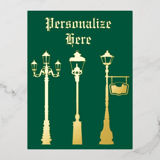 真ビクトリアン鍮ランプのポストランタングリーン金ゴールド 箔シーズンポストカード (正面)