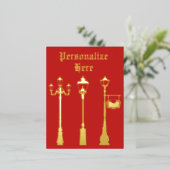 真ビクトリアン鍮ランプのポストランタンレッド金ゴールド 箔シーズンポストカード (立ち正面)