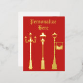 真ビクトリアン鍮ランプのポストランタンレッド金ゴールド 箔シーズンポストカード (正面/裏面)