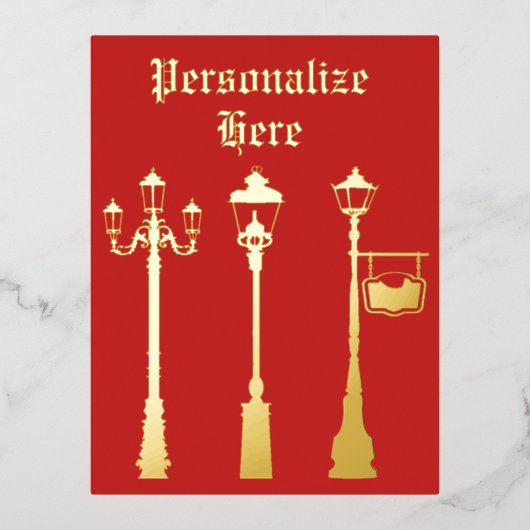 真ビクトリアン鍮ランプのポストランタンレッド金ゴールド 箔シーズンポストカード (正面)