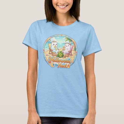 真夏のハロウィン - かわいい幽霊猫の夏 Tシャツ (正面)