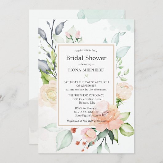 真夏エレガント水彩フローラブライダルシャワー 招待状 (正面/裏面)