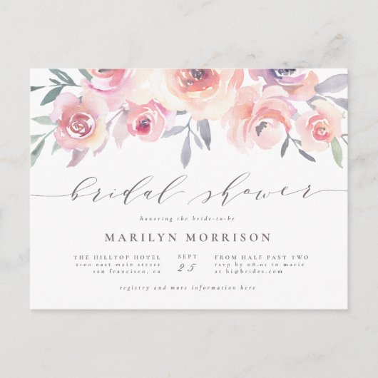 真夏フローラエレガント水彩ブライダルシャワー インビテーションポストカード (正面)