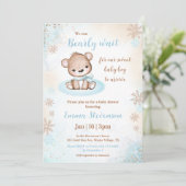 真夏待ち冬ベアーブルー金ゴールド少年ベイビーシャワー 招待状 (スタンド正面)