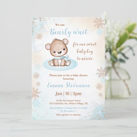 真夏待ち冬ベアーブルー金ゴールド少年ベイビーシャワー 招待状 (スタンド正面)