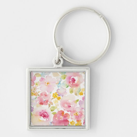 真夏|の水彩画のピンクの花柄 キーホルダー (正面)