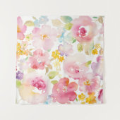 真夏|の水彩画のピンクの花柄 タペストリー (正面(横))