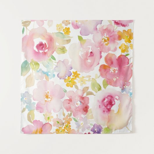 真夏|の水彩画のピンクの花柄 タペストリー (正面)